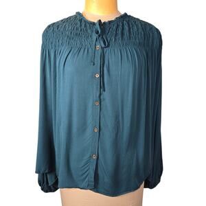 Catherine Malandrino Womens Teal Blue Smocked Peasant Blouse XL Poet Sleeve Top